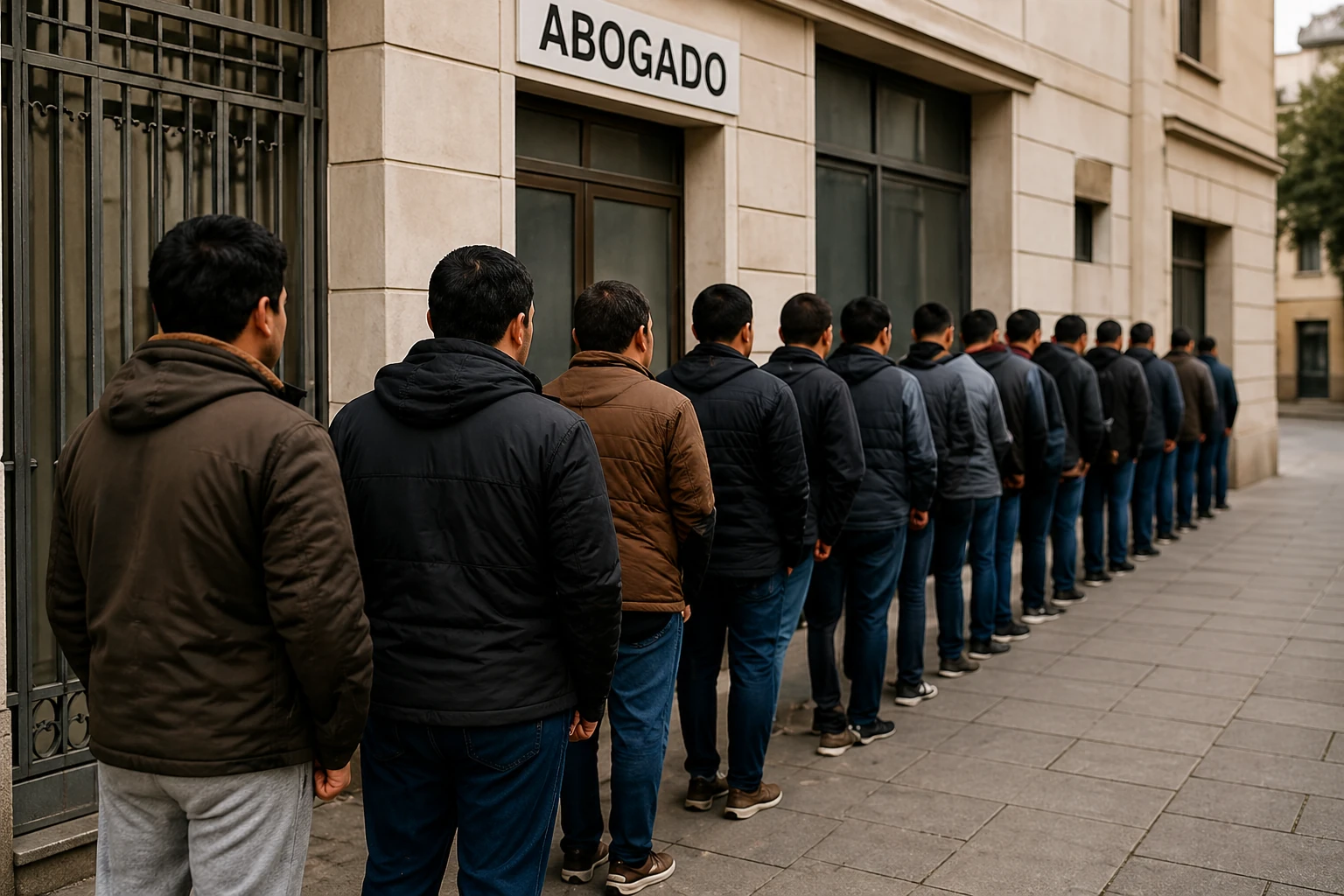 Personas esperando turno en una fila ante un despacho de abogados.